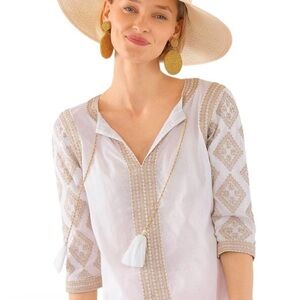 White and Tan Embroidered Blouse